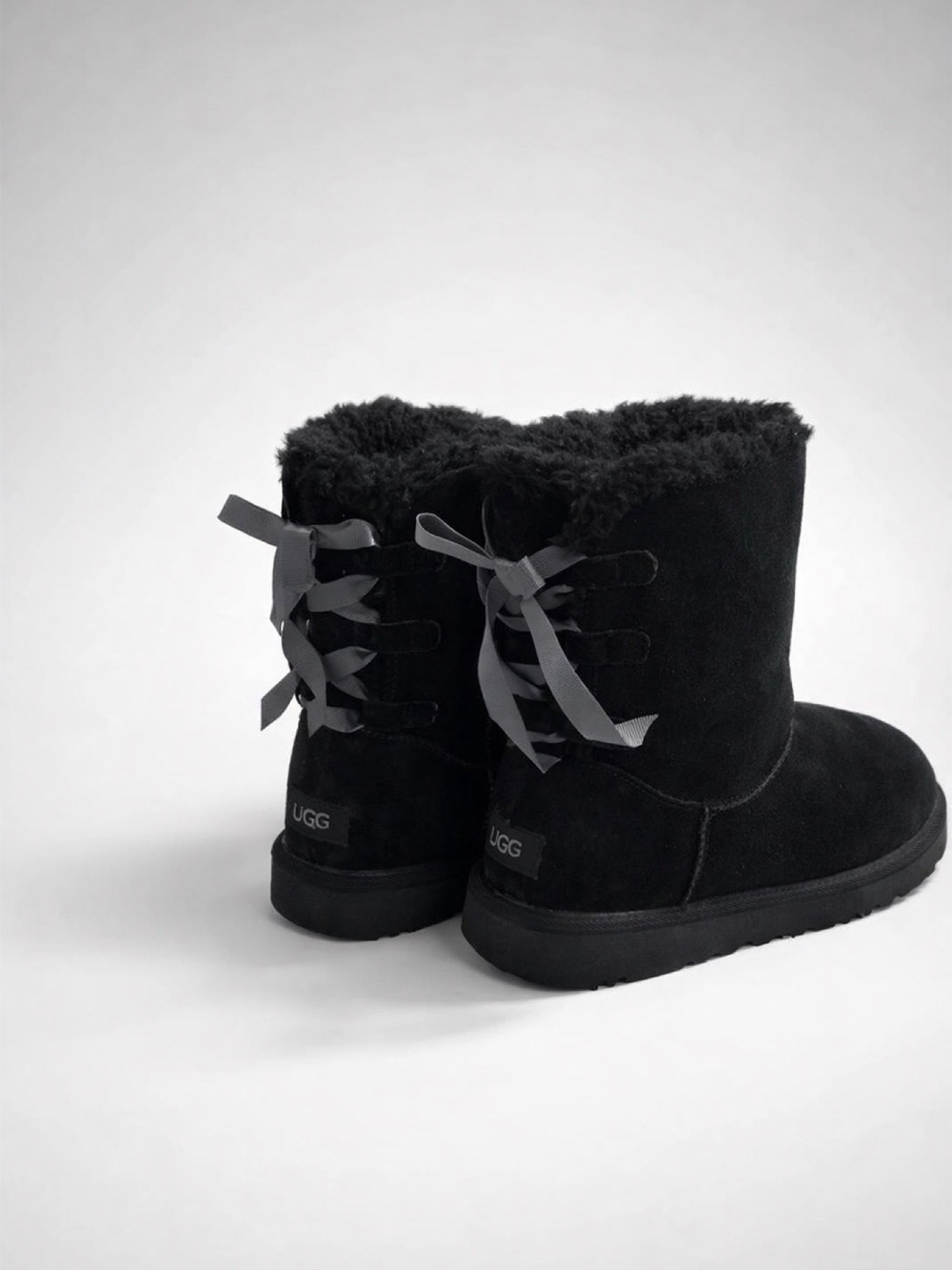UGG Women's Black Suede Short Boots with Ribbon Back Detail